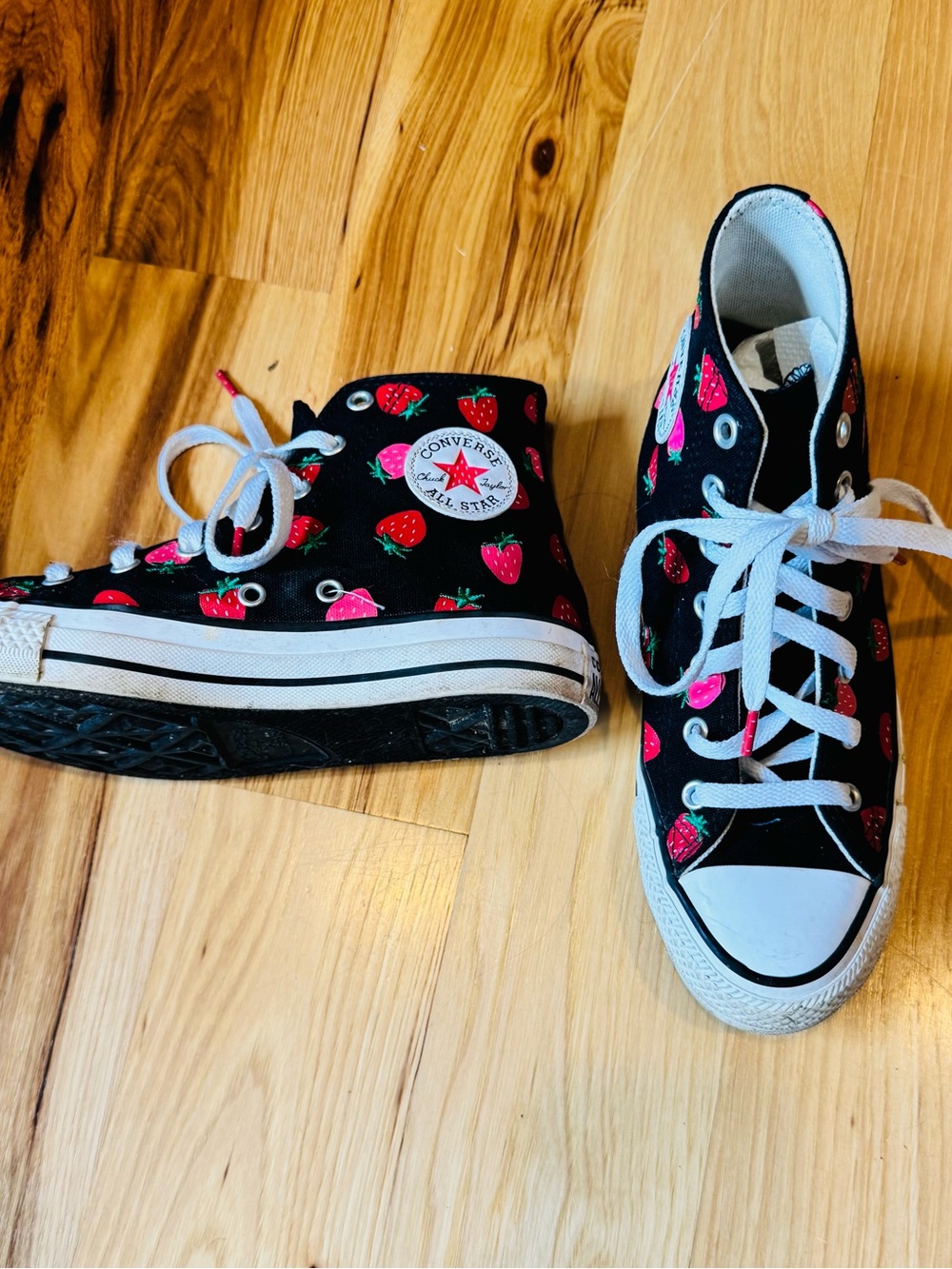 Converse Black High Top Sneakers, youth 4 with Red Strawberry Print